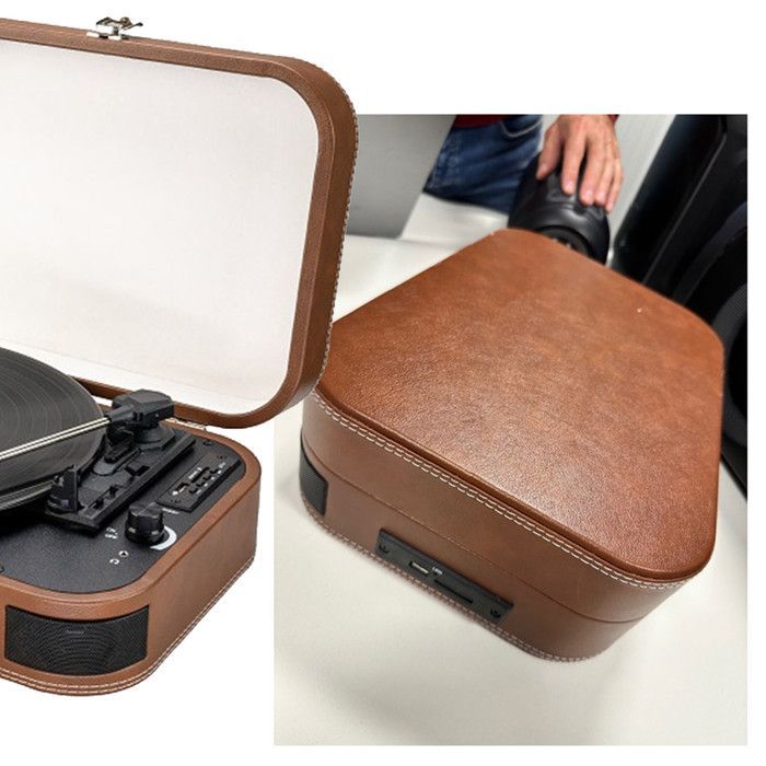 Giradischi retrò TD14 per dischi a 33, 45 e 78 giri, multifunzione Bluetooth, codifica, porta USB, rivestimento in pelle marrone, 2 sfere da discoteca a LED.