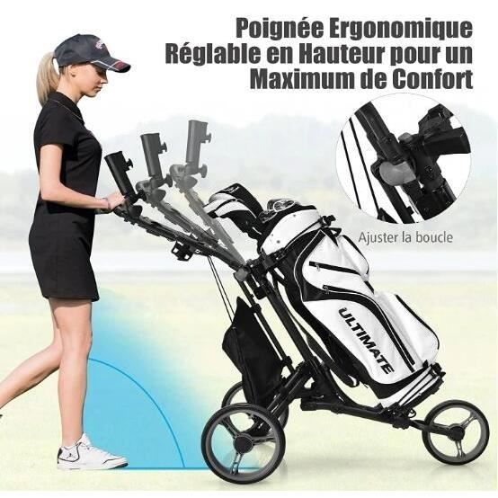 GYMAX 3-Wheel Folding Aluminum Golf Trolley with Adjustable Handle, Rear Wheel with Brake and Umbrella Holder, Gray