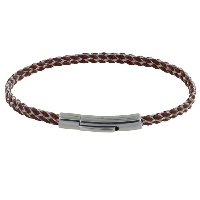 Les Poulettes Bijoux - Bracelet Mixte Cuir et Acier Tréssé Plat - Marron foncé
