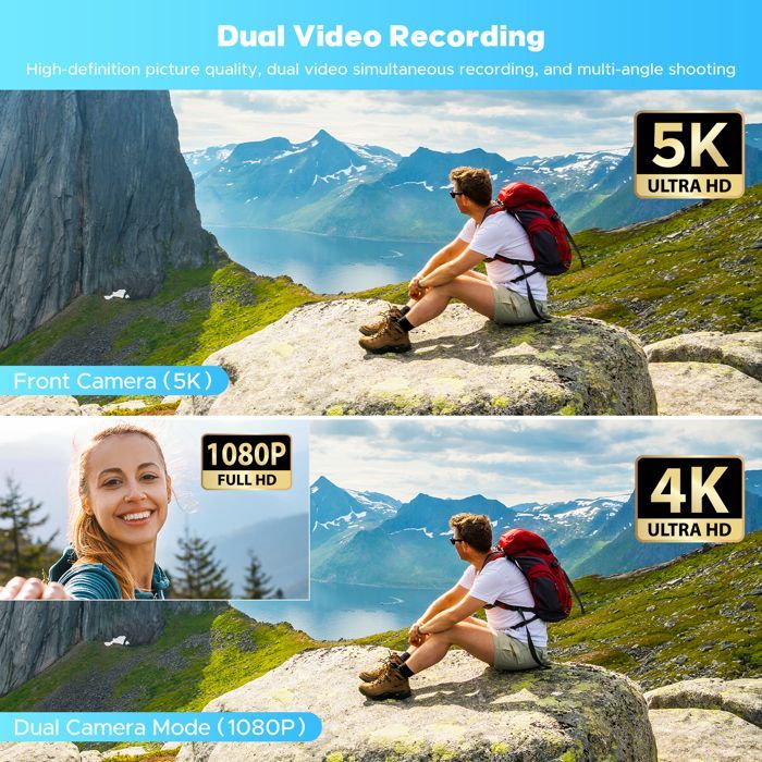 Câmera de vídeo Camark 5K+1080P com lente dupla de 56MP, tela sensível ao toque de 3
