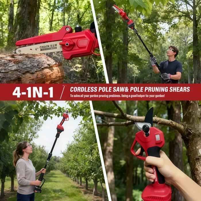 Kit de jardinería 4 en 1 de 21 V: Podadora eléctrica + sierra, pértiga telescópica de 141-240 cm, cabezal de 180°, 2 baterías de 2000 mAh, aluminio.