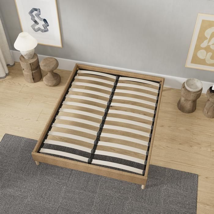 Cama con somier de láminas de 180 x 200 cm - Tapizada en tela marrón - Estable y robusta - Patas centrales reforzadas