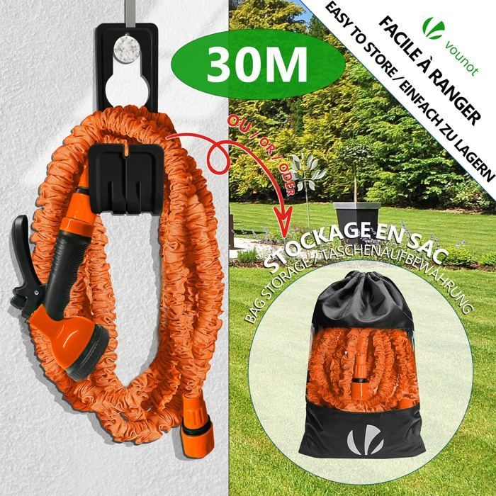 VOUNOT® Tuyau d'arrosage extensible 30m orange - 10 modes - raccord et sac de rangement inclus - flexible, anti-fuite