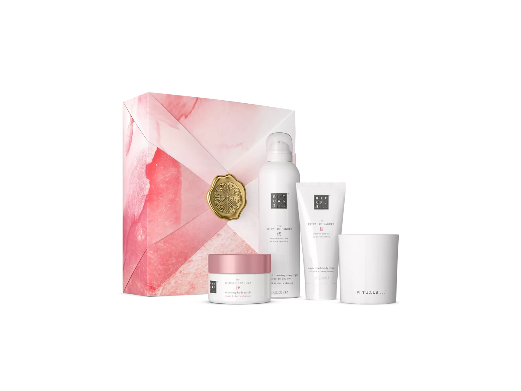 El set de regalo Ritual of Sakura M: gel de ducha espumoso 200 ml, crema corporal 100 ml, exfoliante corporal 125 g, vela 140 g.