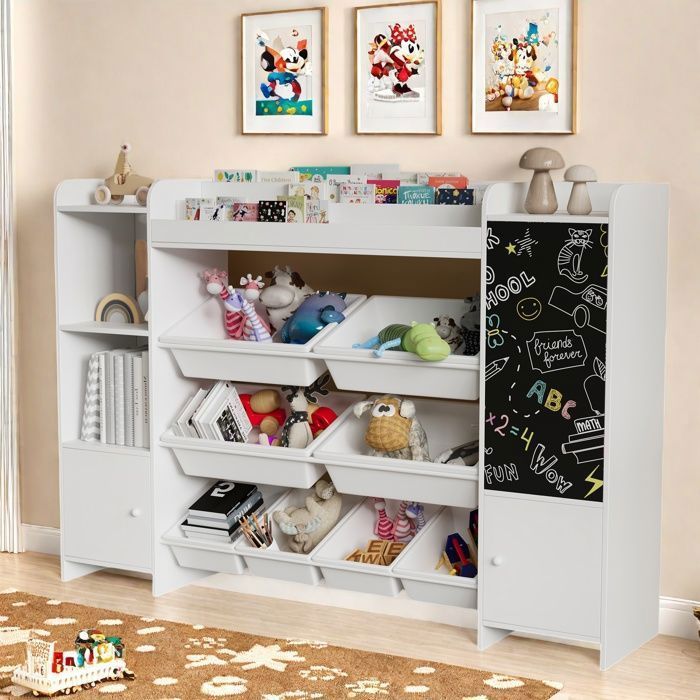 Bibliothèque à 6 Niveaux - Meuble de rangement - 137x30x94.5 cm - Avec tableau noir et portes - pour Salon, Bureau, Chambre - Blanc