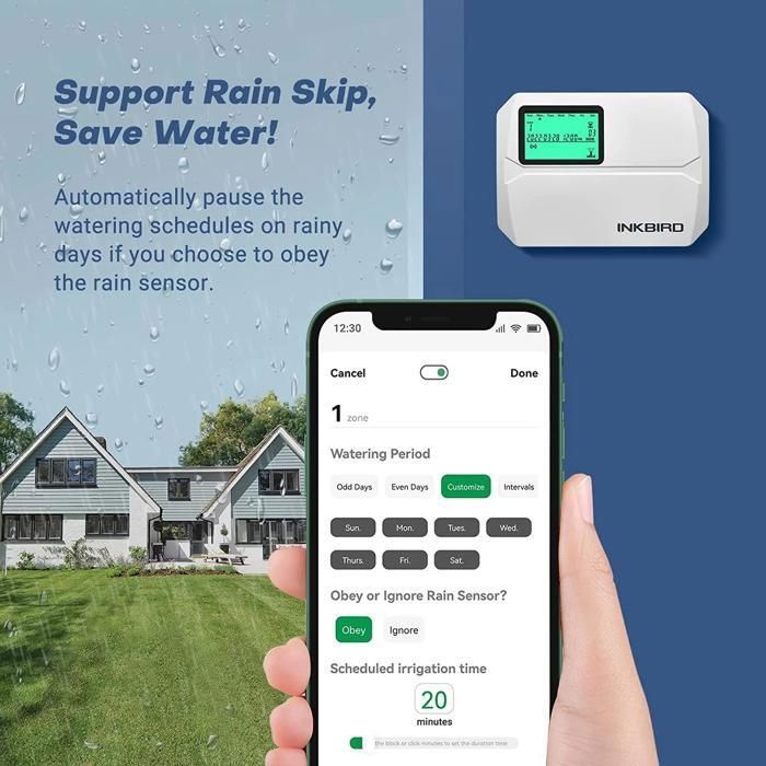 Controlador de riego WiFi INKBIRD de 8 vías, temporizador de riego automático inteligente para jardín con tapa.
