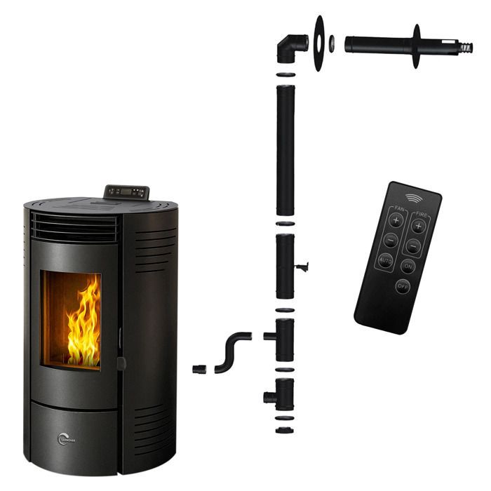 Poêle à granulés étanche Azora 11,6 kW Noir Sannover + Kit d'installation