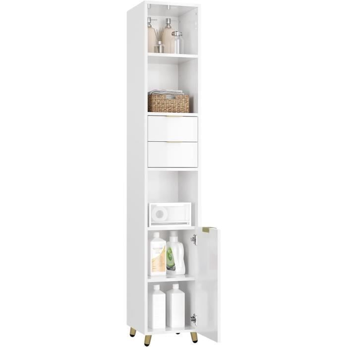 Columna de baño EUGAD en MDF, 3 compartimentos, 2 cajones y 1 armario con puerta, estante ajustable, blanco brillante, E0IG1032