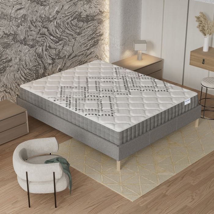 Colchón y base de cama (140x200cm) - Muelles ensacados Eliha y espuma de alta densidad de 20 cm de grosor + Base de cama de madera estable, Tela gris
