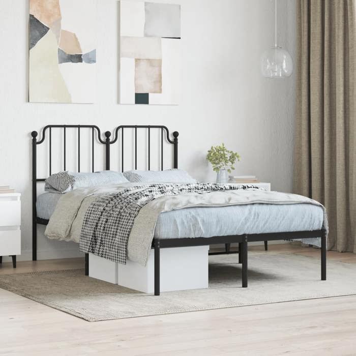 Estructura de cama metálica - UU - Cabecero negro - 120x190 cm - Acero - Espacio de almacenamiento - Somier de láminas metálicas