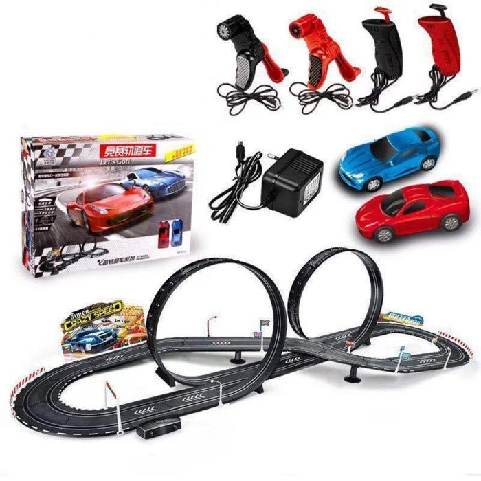 Circuit de Voitures Électriques pour Enfants avec 2 Voitures, Boucle à 360°, Manuel et Électrique Deux Mode, Piste de Course en Duo
