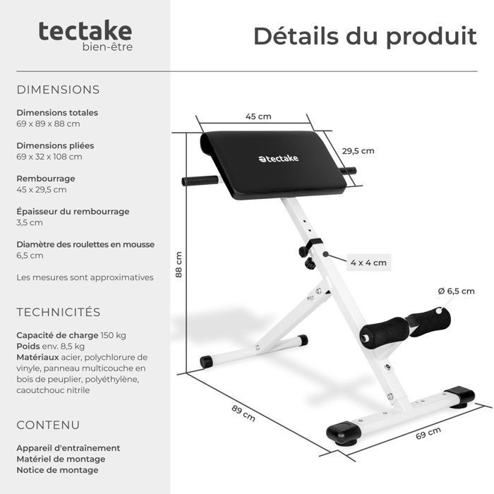 Banco de pesas - TECTAKE - Máquina de ejercicios para espalda y abdominales COLEMAN - Negro/Blanco