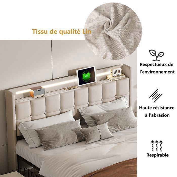 Cama con almacenamiento de 180x200cm - MSUIINT - Lino beige - LED, USB y enchufes, 4 cajones de almacenamiento, estructura de láminas metálicas