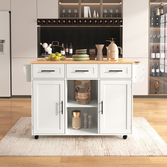 Desserte à Roulettes Cuisine rangement en bois multifonctionnelle avec plan de travail -avec tiroir-L139 x P46(71) x H91.5 cm-Blanc