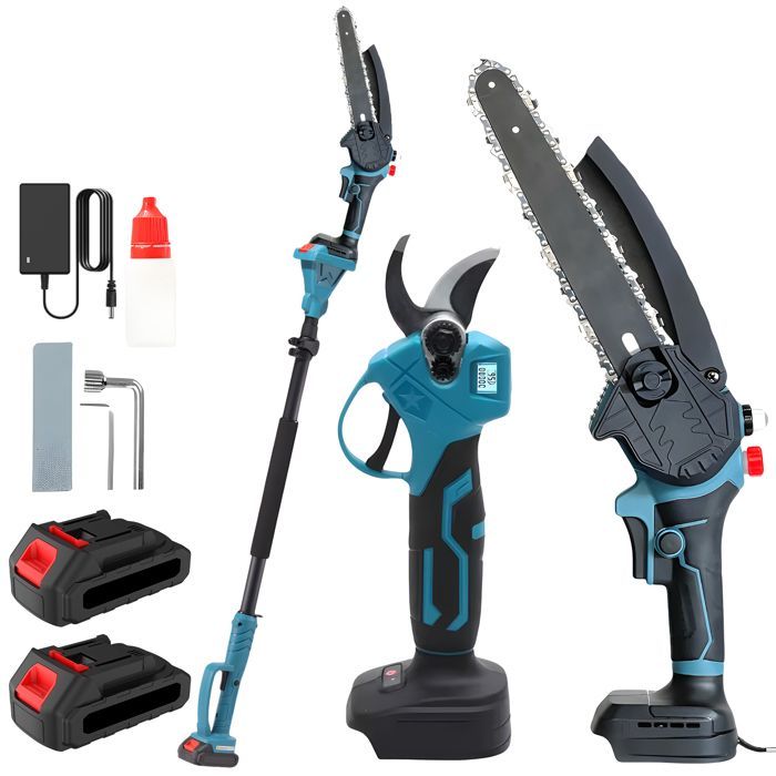8-Zoll-Mini-Kettensäge mit 2-m-Stange und 30-mm-Elektro-Astschere, 3-in-1-Gartengeräte-Set mit 2 Akkus