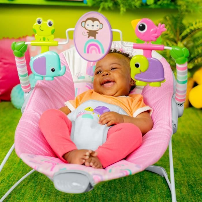BRIGHT STARTS Baby Bouncer with Animals - Pink, Soothing Vibrations, Activity Arch with Interactive Toys