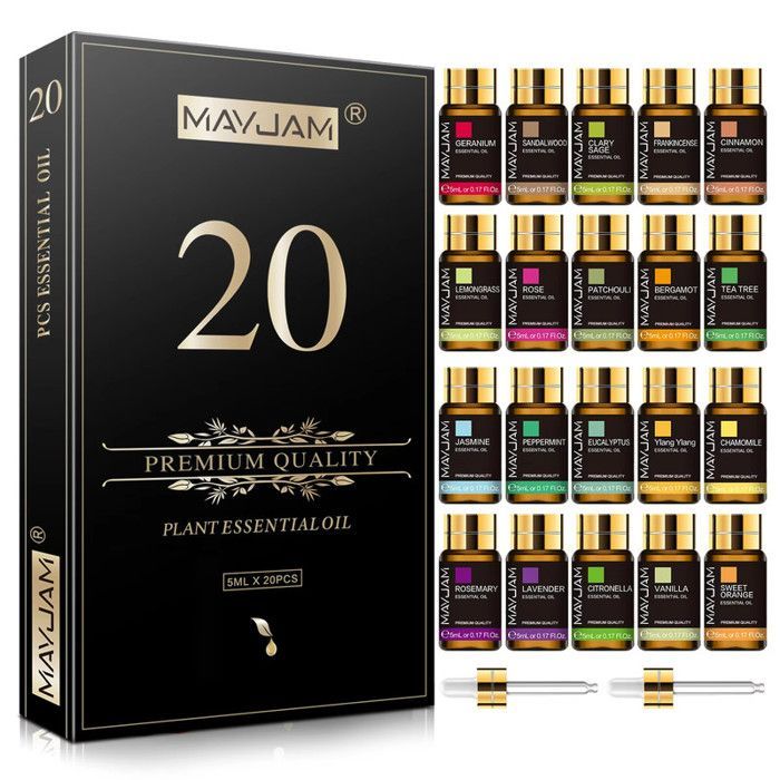 Set de 20 aceites esenciales: lavanda, jazmín, eucalipto, vainilla, sándalo, naranja dulce, geranio, pachulí.