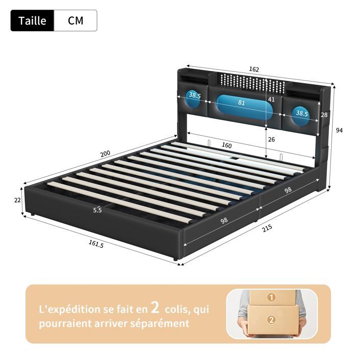 Cama de casal estofada de 160x200cm com arrumação, luzes LED e portas USB, com sistema hidráulico de arrumação, estrado de ripas e acabamento em PU preto.