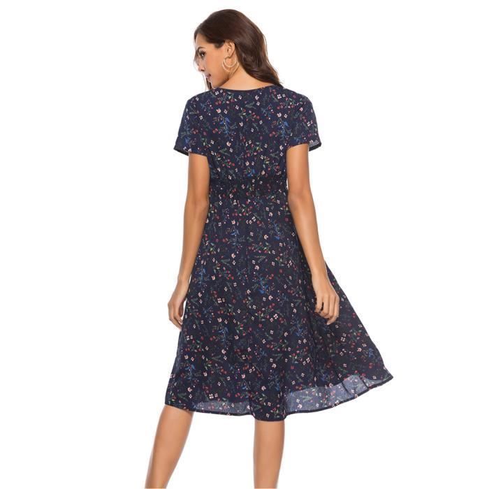 Robe à imprimé fleuri - MOBIGARLAN - pour Femme - Fermeture éclair - Jupe plissée - Bleu marine et Rose