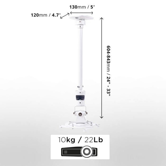 Suporte de teto para projetor Duronic PB08XL, rotação de 360°, inclinação de 180°, giro de 180°, carga máxima de 10 kg.