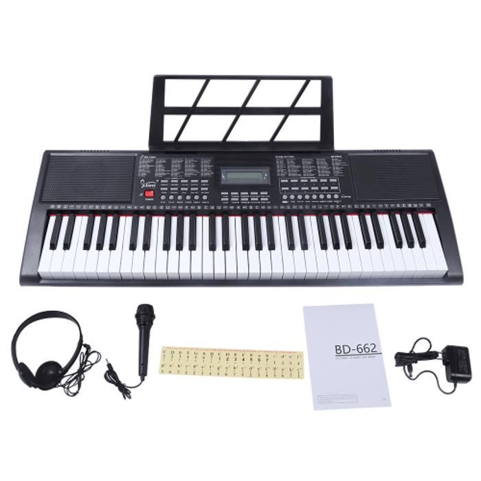 Teclado de piano electrónico portátil de 61 teclas con pantalla LCD, 300 ritmos y 300 sonidos.