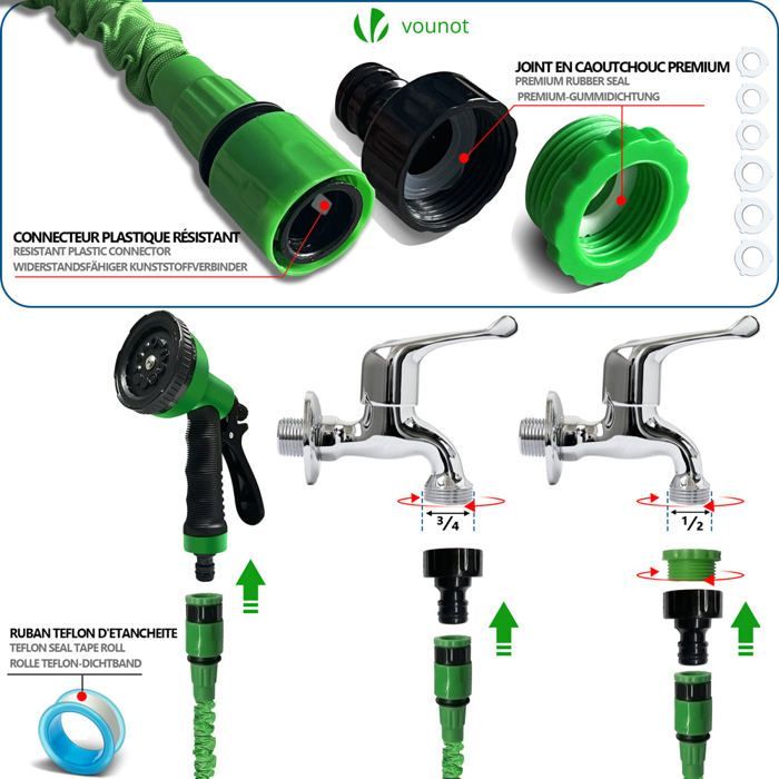 VOUNOT® Tubo da giardino espandibile verde da 15 m - 10 modalità di spruzzo - Connettore e borsa per il trasporto inclusi - Flessibile,