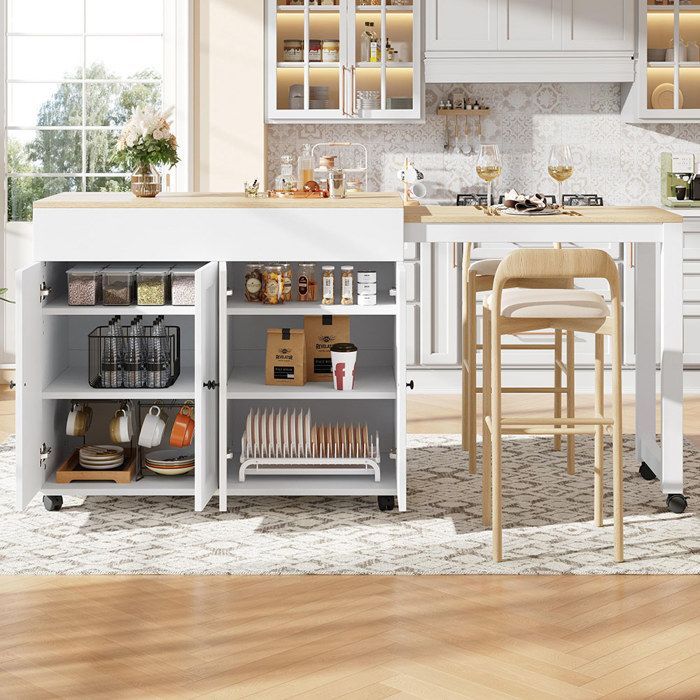 Ilot Central de cuisine moderne Desserte de Cuisine Table de bar extensible avec 6 surfaces de rangement Blanc(118-180×50×94cm)