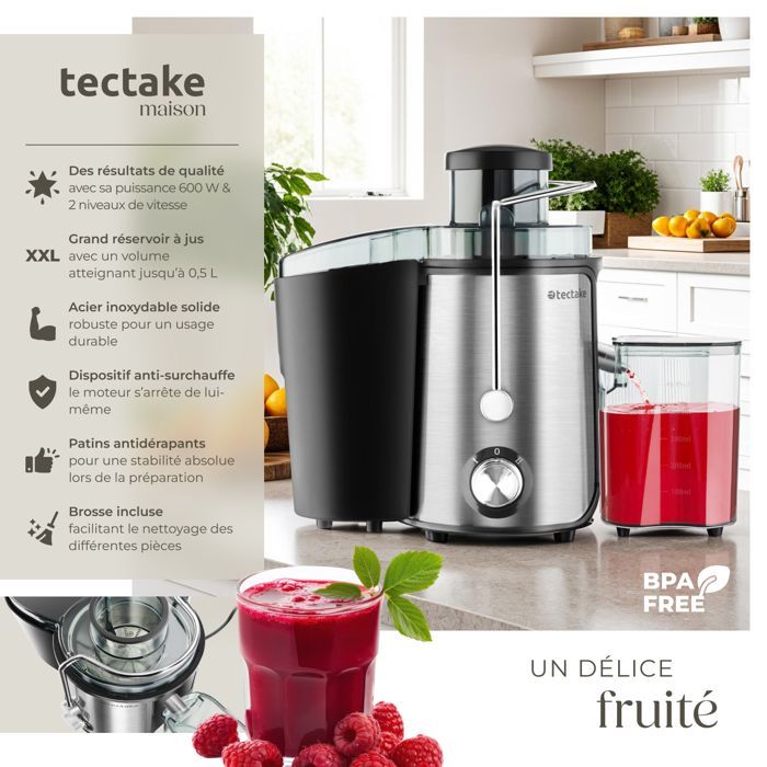 Centrifuge - TECTAKE - FRUFI Stainless Steel Juicer with 2 Speeds, 600W Max, 500ml