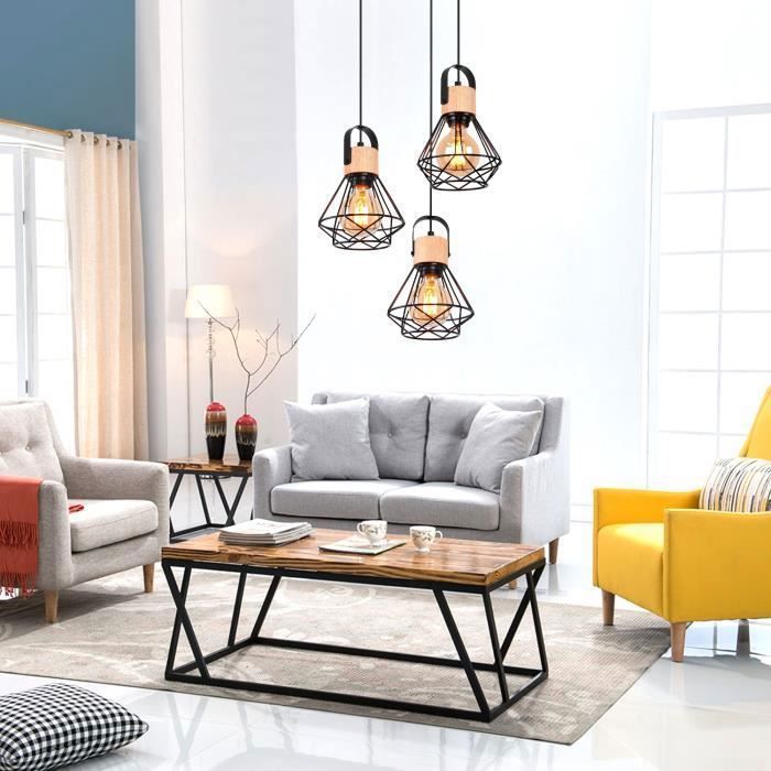 IDEGU 3 Lampes Suspension Luminaire Industrielle, 16CM Vintage Lustre Suspension en Fer et Bois Rétro Cage Design Noir pour Salon