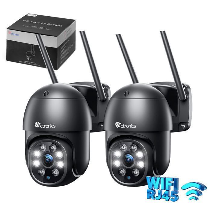 Ctronics 2-Pack Outdoor WiFi Surveillance Cameras with Color Night Vision, 30M Range, Human Detection, and Auto Tracking
