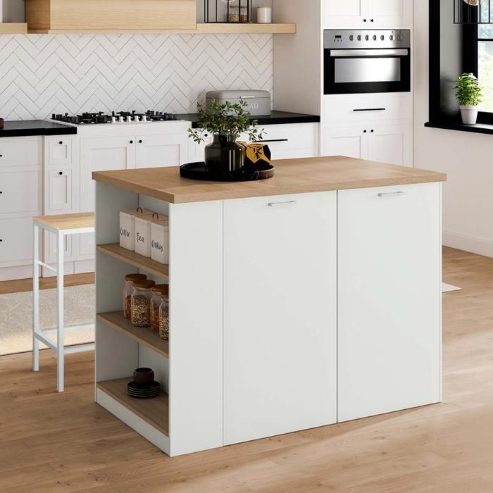 IDMARKET Ilot central TIBO 120 cm bois blanc avec plan de travail façon hêtre