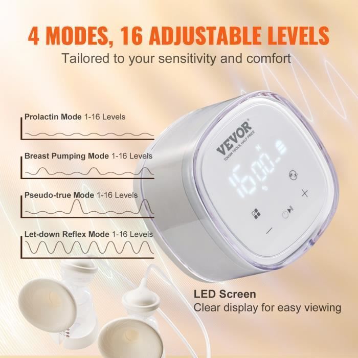 Tire Lait - VEVOR - 110 x 110 x 74 mm,4 Modes 16 Niveaux Aspiration 300 mmHg,Écran LED pour Voyage Maison Allaitement