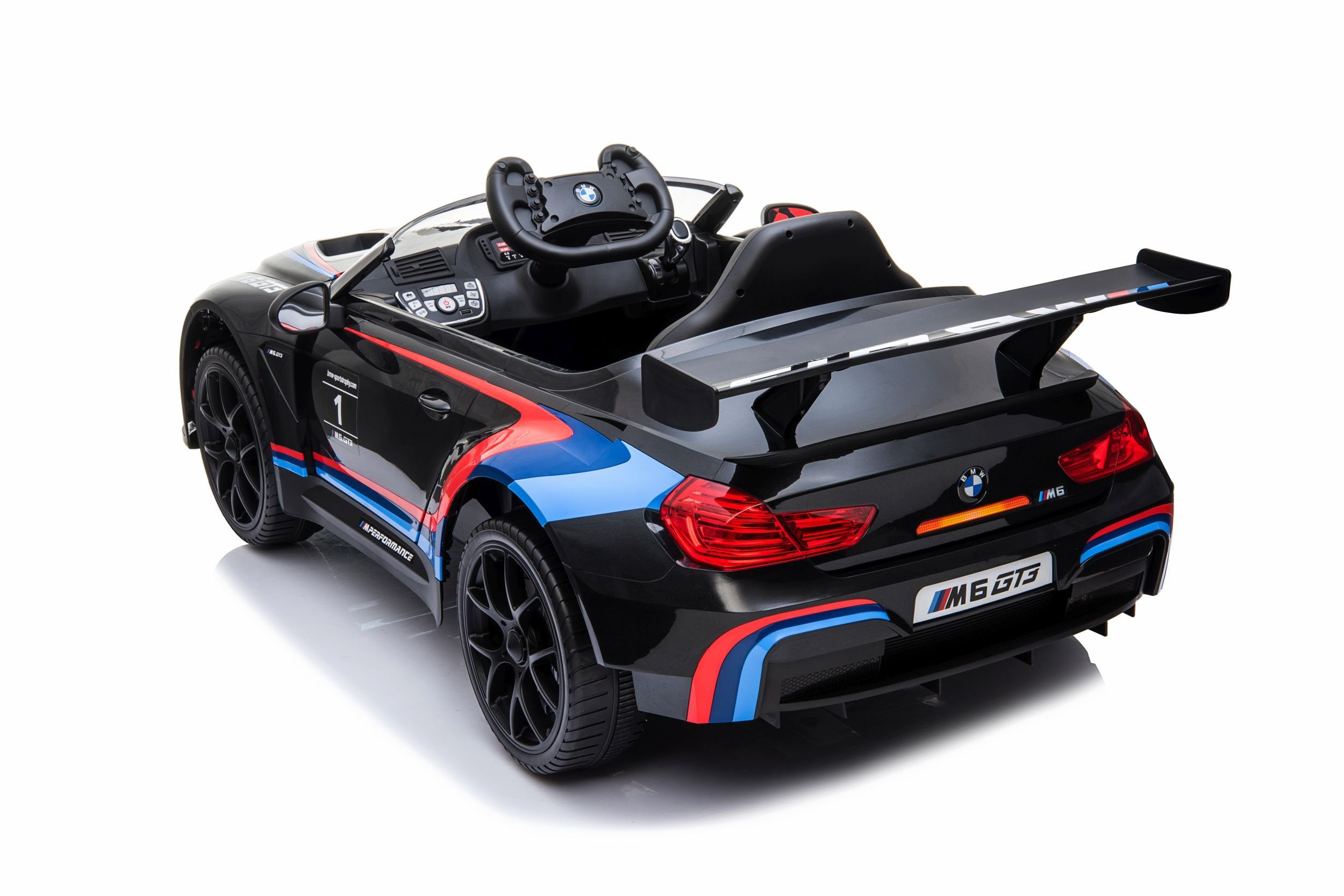 Sklep z zabawkami Elektryczny samochód dziecięcy Elektryczny samochód dziecięcy BMW M6 Sport Gt3 Samochód Bluetooth Fotel ze skóry Eva, ładowność 35 kg, port AUX/USB, klakson MP3 i dźwięk silnika na kierownicy, pilot zdalnego sterowania