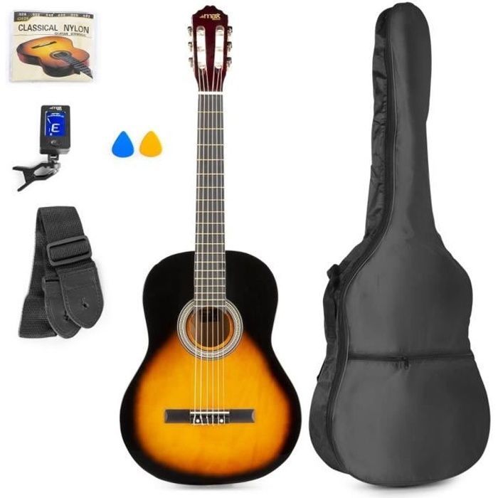 Guitare classique MAX SoloArt pour adulte débutant - Sunburst, cordes en nylon, tuner digital
