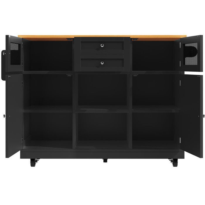 Desserte de Cuisine - Noir - Plateau Extensible 70x120 cm - 5 Roues Pivotantes - 2 Tiroirs Profonds