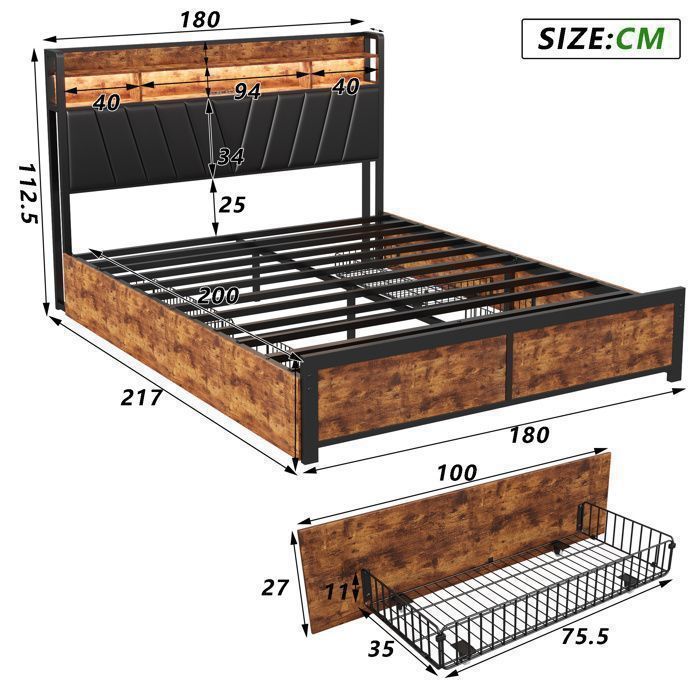 180x200 bed with slatted base - DRELYGWEA - king size 180x200 bed frame with storage - LED - Black and Brown