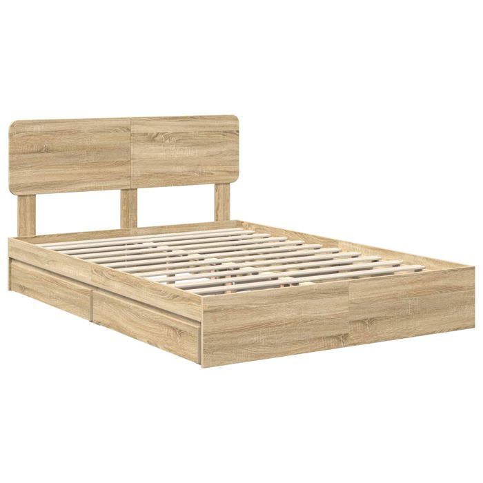 Cama con almacenamiento - vidaXL - Roble Sonoma - 140x190 cm - Madera de ingeniería - Con cajón - Estructura de láminas
