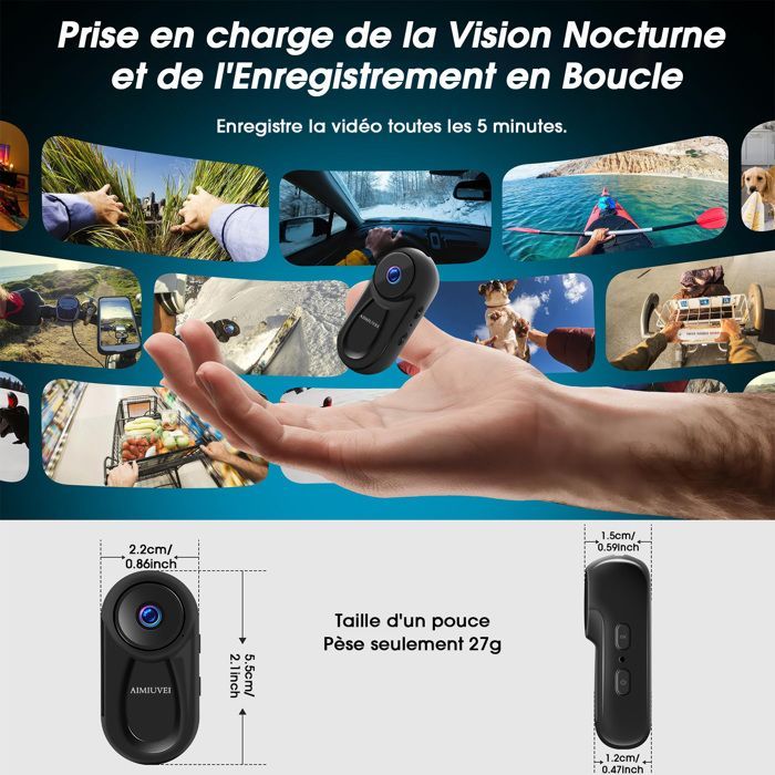Cámara deportiva - AIMIUVEI - Cámara de acción de 120° - 32 GB/1080P HD/Visión nocturna/Accesorios multifuncionales para casco de motocicleta