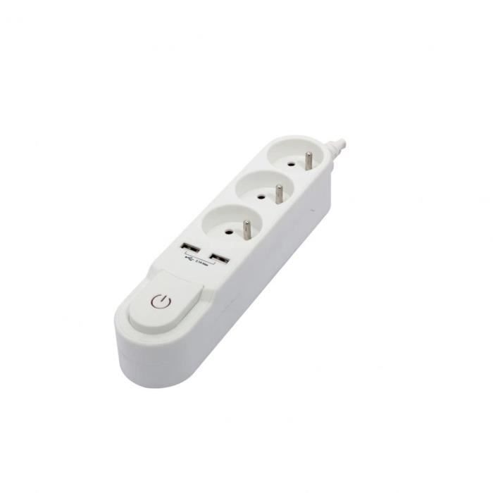 Multipresa CHACON con interruttore, 3 prese da 16A e 2 porte USB da 2A, cavo da 1,5 m, bianca.