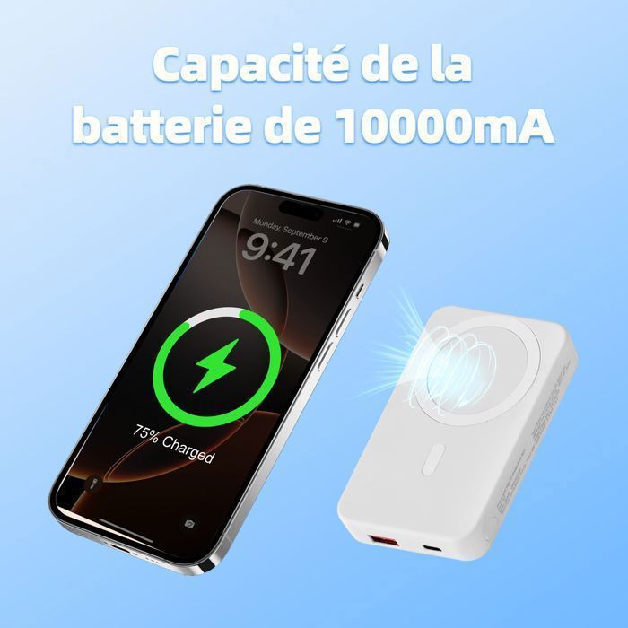 DOCCMIK Batterie externe magnétique 10000mah 22.5w batterie portable sans fil et filaire chargeur portable Compatible iPhone Blanc