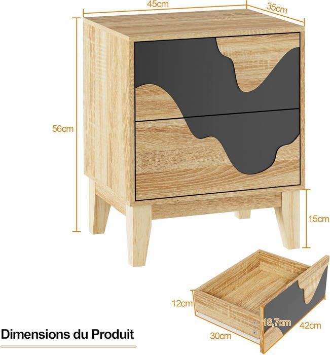 GOOBUY Set of 2 Bedside Tables, Nightstands with 2 Drawers, Side Tables with Irregular Wave Pattern, 45x35x56cm, Natural