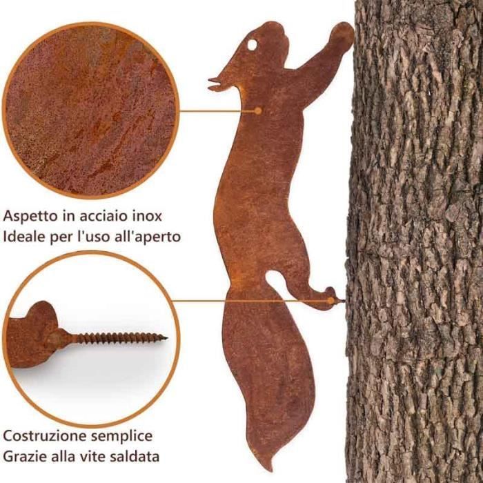 Adorno de jardín de metal - FOLAYA - Ardilla para árbol - 30 cm - Pátina de óxido natural