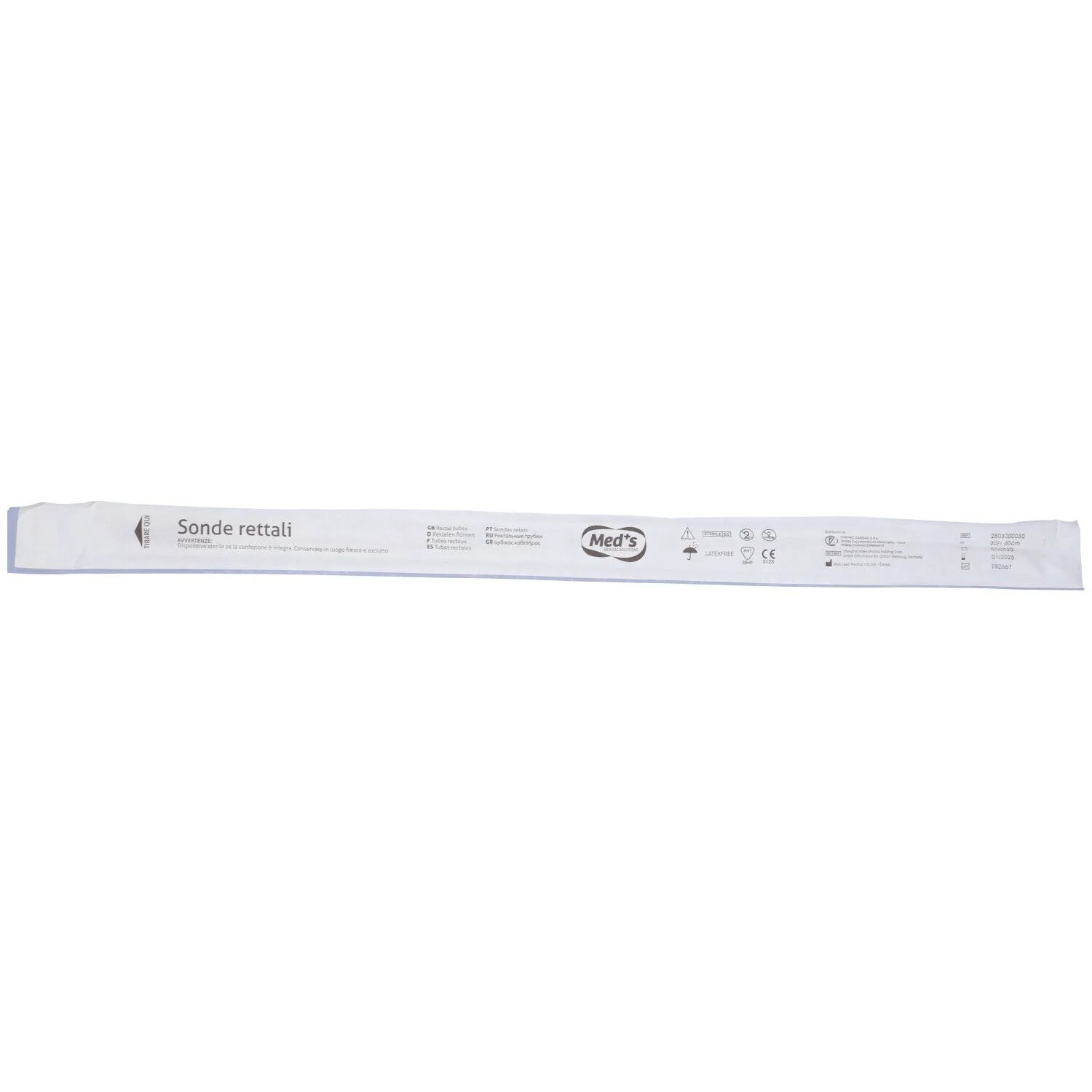 De rectale sonde van MED is gemaakt van transparant PVC, is voor eenmalig gebruik, steriel, heeft een diameter van 30 cm en een lengte van 40 cm.