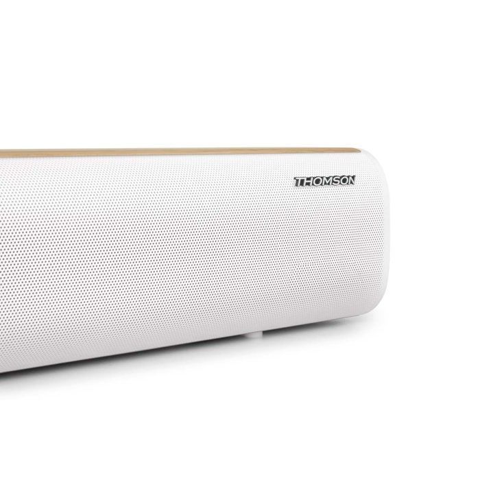 Soundbar Thomson SB401BT con finitura bianca e legno.