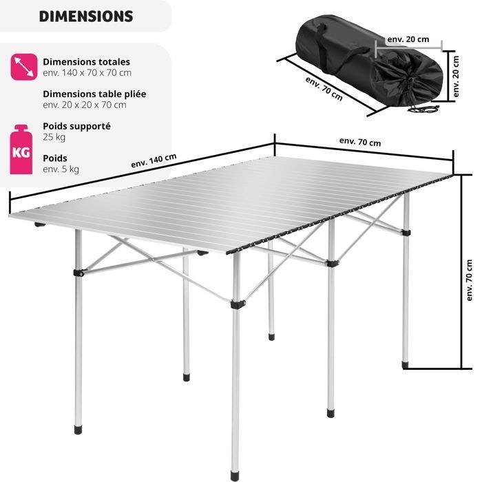 Mesa de picnic - TECTAKE - Mesa plegable de aluminio de 140 x 70 x 70 cm, resistente a la intemperie, con bolsa de transporte - Gris