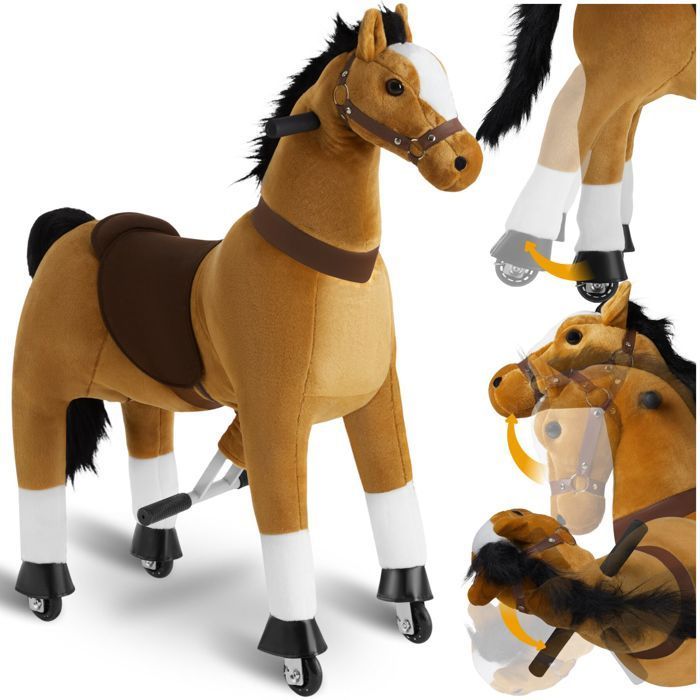 Juguete infantil - TECTAKE - Caballito balancín con ruedas, poliéster y acero, 34 x 89 x 100 cm - Marrón claro