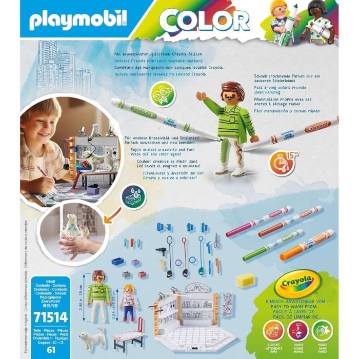 PLAYMOBIL Kleurenset 71514 Trimsalon, Crayola kleurpotloden om op de figuurtjes te tekenen, 61 onderdelen, Geschikt voor kinderen vanaf 5 jaar