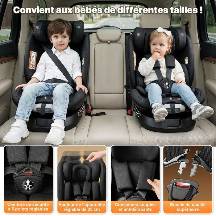 KITYTETY Siège Auto ISOFIX LATCH 360° rotatif 40-150 cm, I-SIZE R129/04 - Gr 0+/1/2/3, SIP Protection, Inclinable réglable - Noir