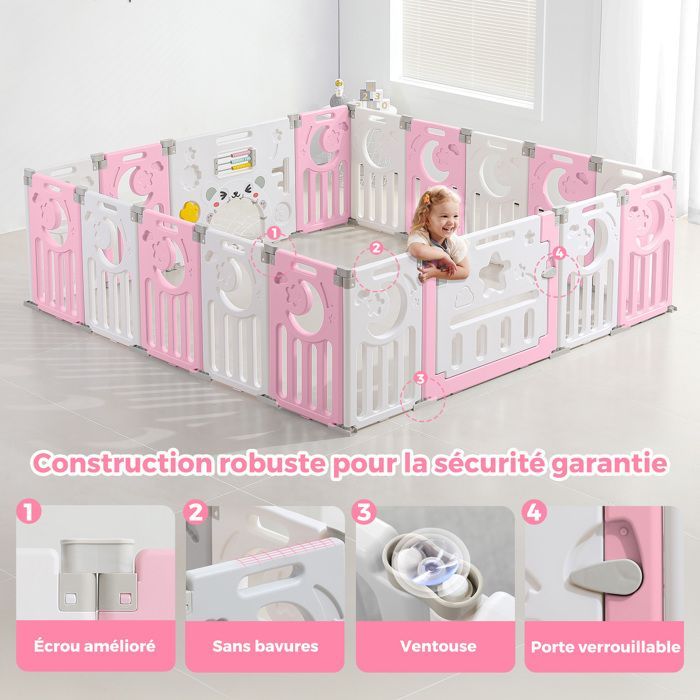 Parque infantil para bebé de 16+2 paneles, parque modular XXL con cierre de seguridad, forma ajustable, plegable, barrera de seguridad, color rosa.