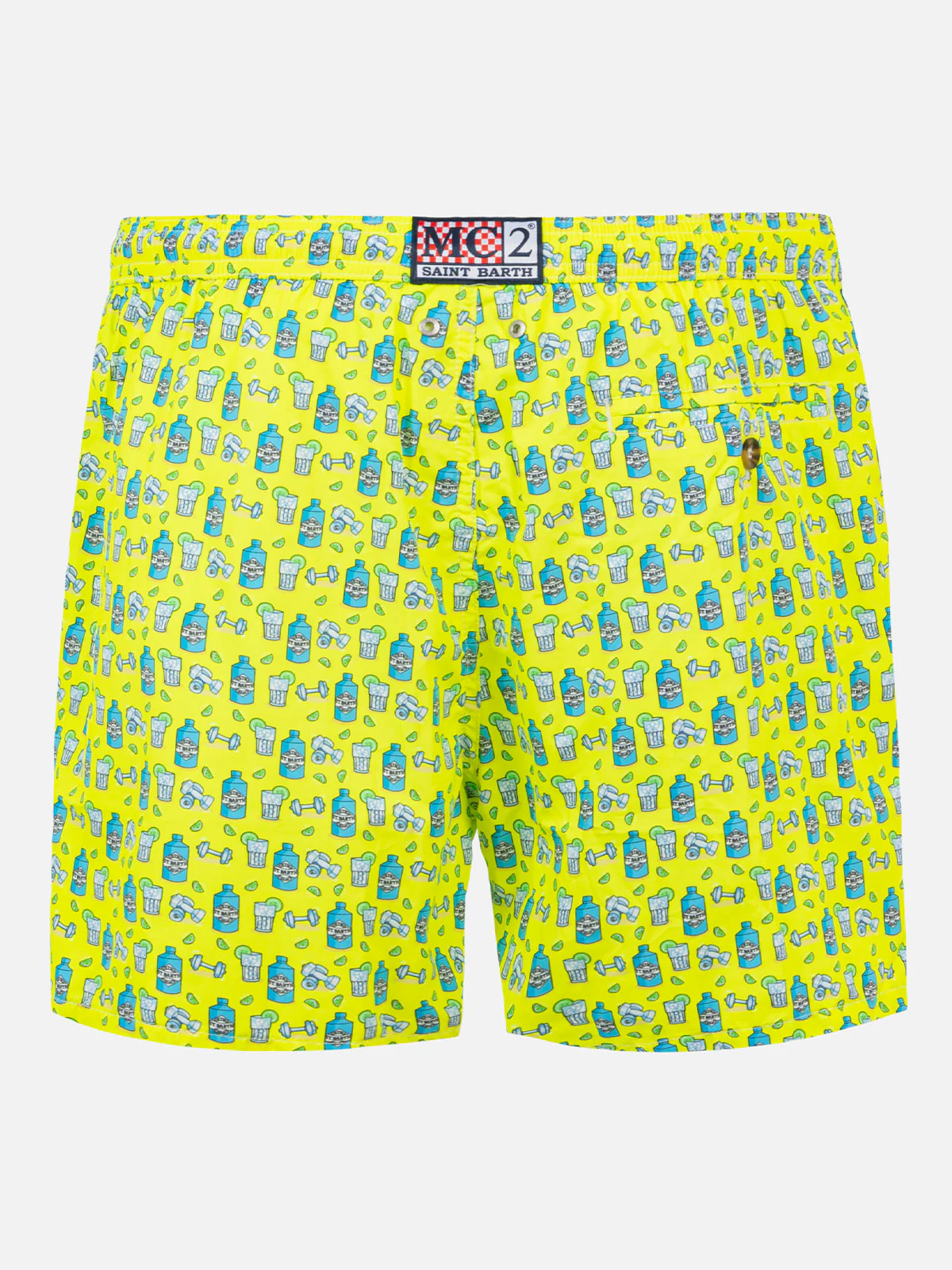 Man Classic Swim Shorts, Gin and Gym All Over Print on Yellow Background, Quick Drying, Mid-Length | MC2 Saint Barth